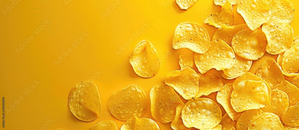 Aufkleber A bird's-eye-view banner displaying textured golden corrugated chips on a yellow background, evoking a fast food theme with space for text or images. with copy space image