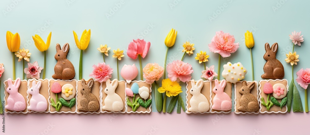 Aufkleber a grid showcasing delectable easter cookies designed as bunnies and tulip flowers, set against a bri