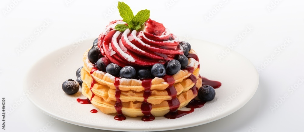 Poster close-up of a croissant waffle, known as a croffle, topped with strawberry and blueberry sauce on a 