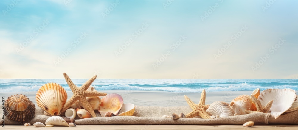Aufkleber A summer-themed scene featuring sea shells or starfish on a table with room for text in the background. with copy space image. Place for adding text or design