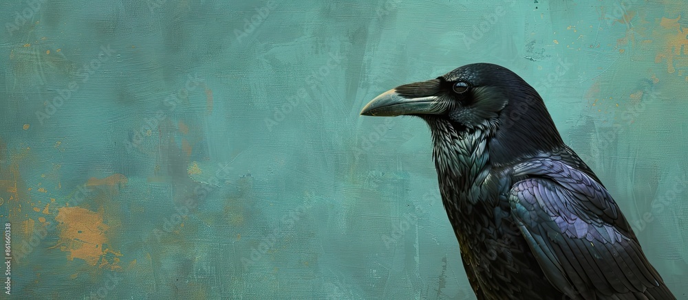Poster Corvus corone Carrion crow in close view pastel background. with copy space image. Place for adding text or design