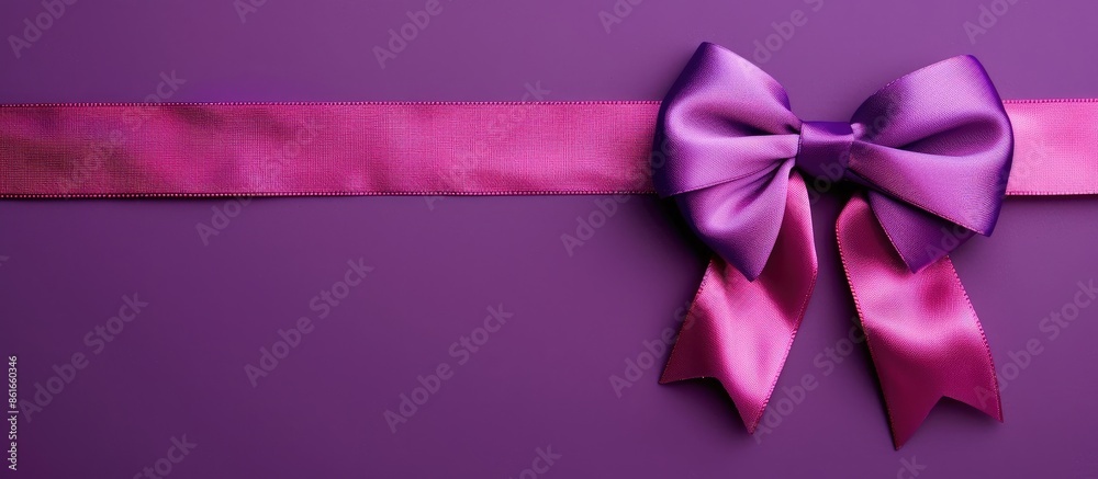 Poster Purple ribbon rolled with a pink bow on a colored background, viewed from the top with space for text or other elements in the image. with copy space image. Place for adding text or design