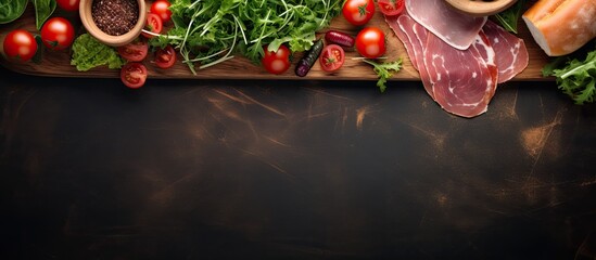 A rustic top-view image of a fresh meal/snack with salad, jamon, green leaf lettuce, tomato, and dressing on a table with copy space for food background.