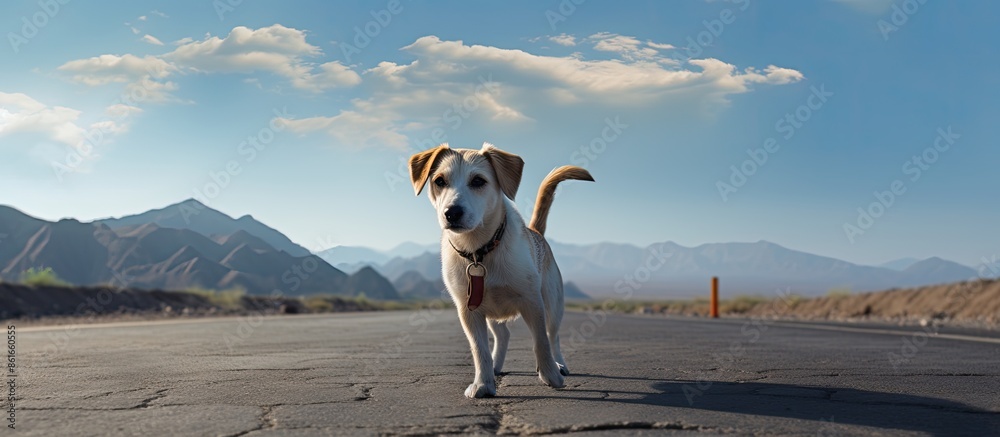 Poster dog with leash walking on center of road with copy space image.