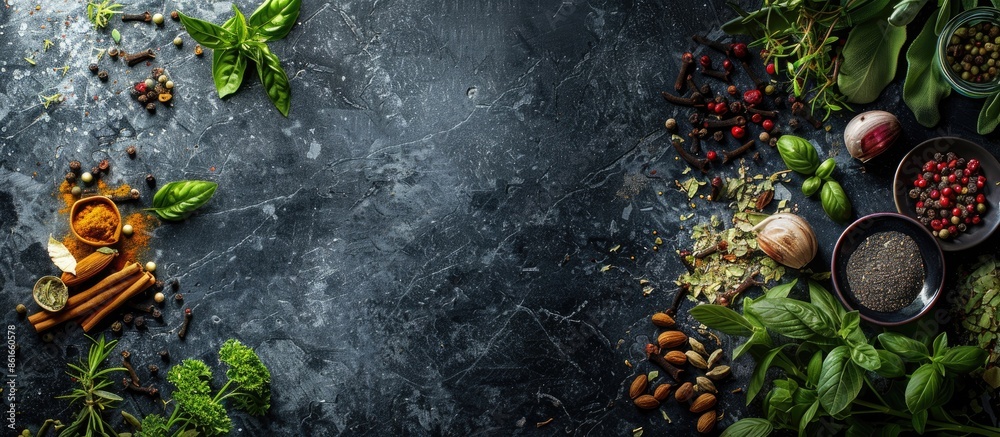 Leinwandbilder a diverse array of herbs and spices arranged enticingly against a dark stone backdrop in a top-down 