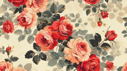Timeless Illustration of a Classic Rose Pattern Featuring Red and Pink Blossoms with Green Leaves on a Beige Background.