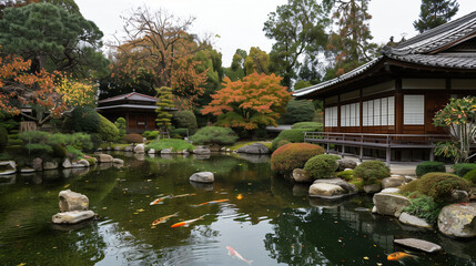 Naklejka premium A tranquil Japanese garden in autumn, with vibrant red and orange leaves, koi ponds, and traditional teahouses.