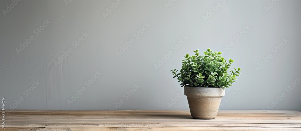 Fototapete small plant placed on a wooden table with a blank wall in the background providing a neat backdrop w