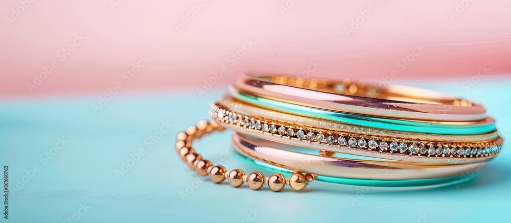 Poster Beautiful expensive gold bracelets on pastel background. with copy space image. Place for adding text or design