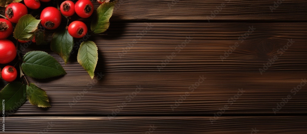 Poster A flat lay setup features ripe rose hip berries and green leaves on a wooden table, creating a harmonious display with ample copy space for text.