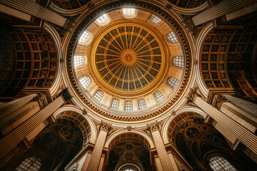 Obraz premium Majestic Dome of a Grand Cathedral: Intricate Architectural Details Seen from Below