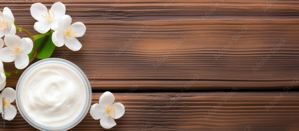 Aufkleber attractive cosmetic cream placed on a bright wooden table with white flowers, creating a visually ap