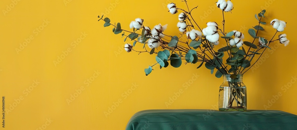 Poster vase of cotton sprigs and eucalyptus on green pouf near yellow wall. with copy space image. place fo