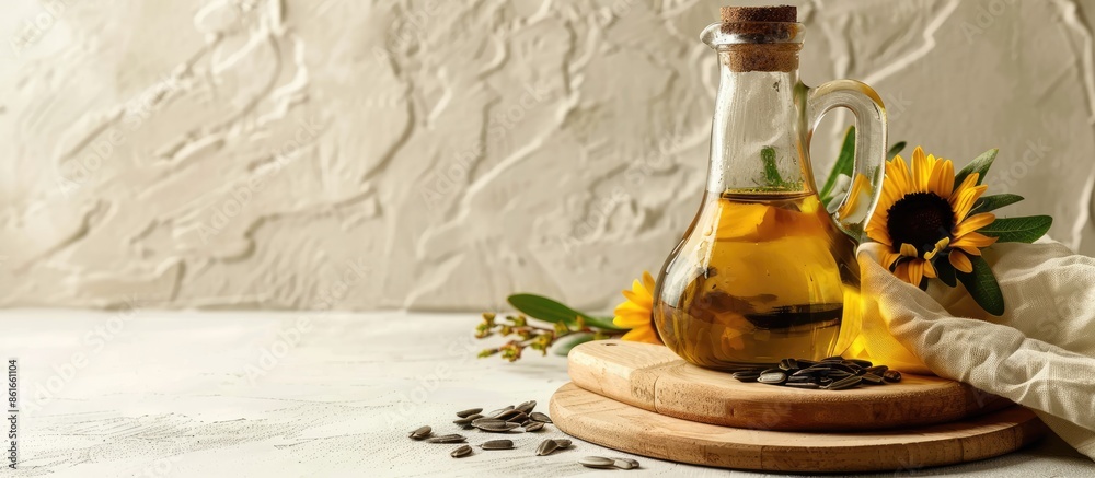 Aufkleber Items like a jug of oil, sunflower seeds, a napkin, and a board are placed on a light background for display in the copy space image.