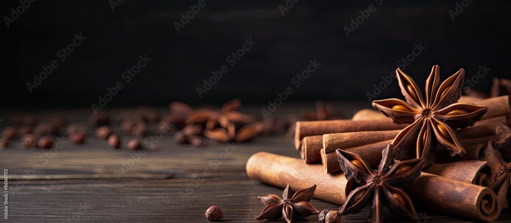 Leinwandbilder Cinnamon sticks and star anise arranged on a wooden table with space for a picture. with copy space image. Place for adding text or design