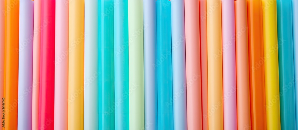 Poster Colorful plastic straws stacked on a vibrant background in a flat lay composition with space for text. Copy space image.