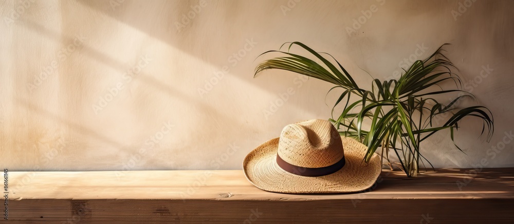 Poster a tropical hat prop on a wooden shelf against a wall with a palm tree branch casting shadow - copy s