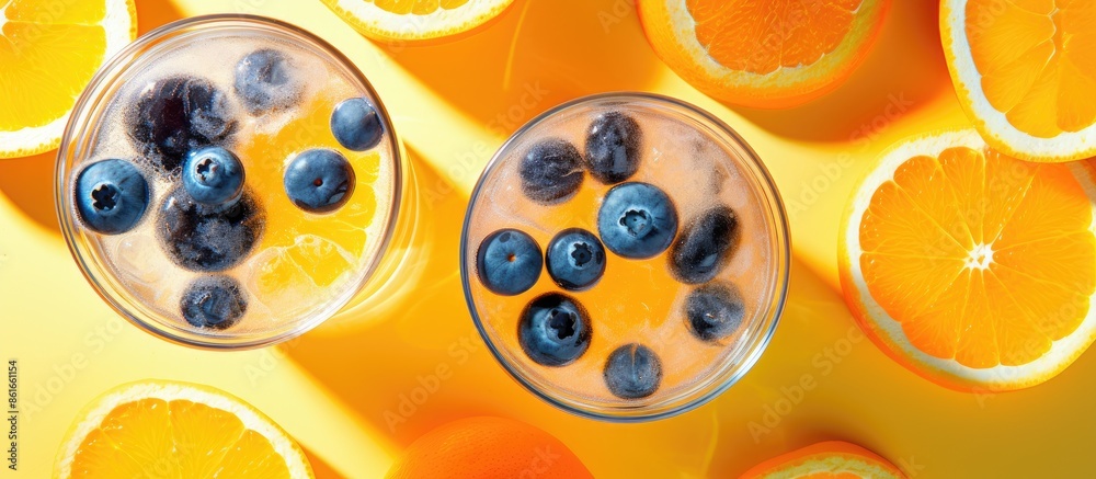 Poster top-down view of frozen glasses filled with a rejuvenating beverage made with natural ice, blueberri