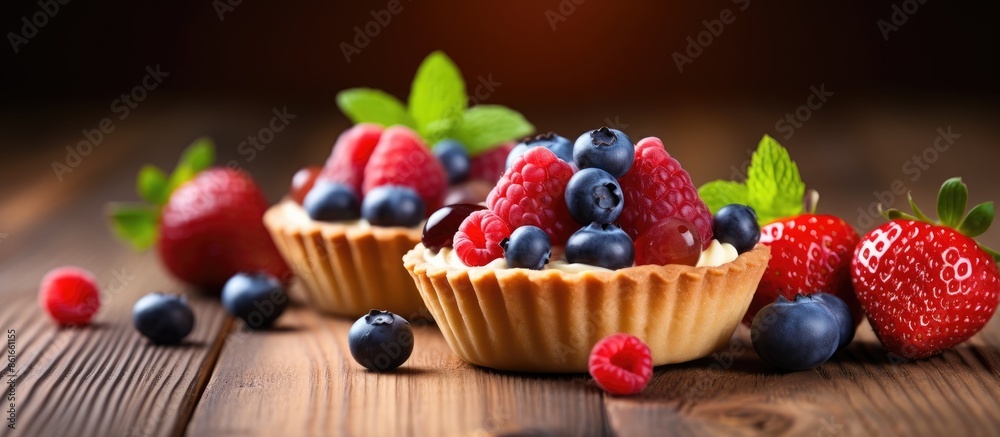 Aufkleber mini tart tartlets adorned with fresh berries on a wooden backdrop with copy space image.