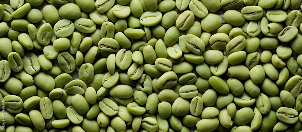 Poster A detailed close-up of unroasted green coffee beans texture on a white background with copy space image, perfect for wallpaper or design elements.