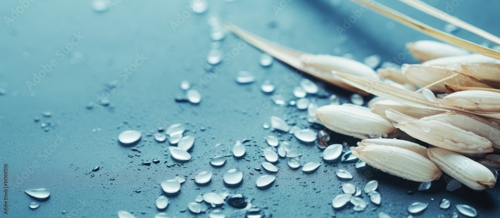 Poster Rice seed with water droplets on a textured background with copy space image.
