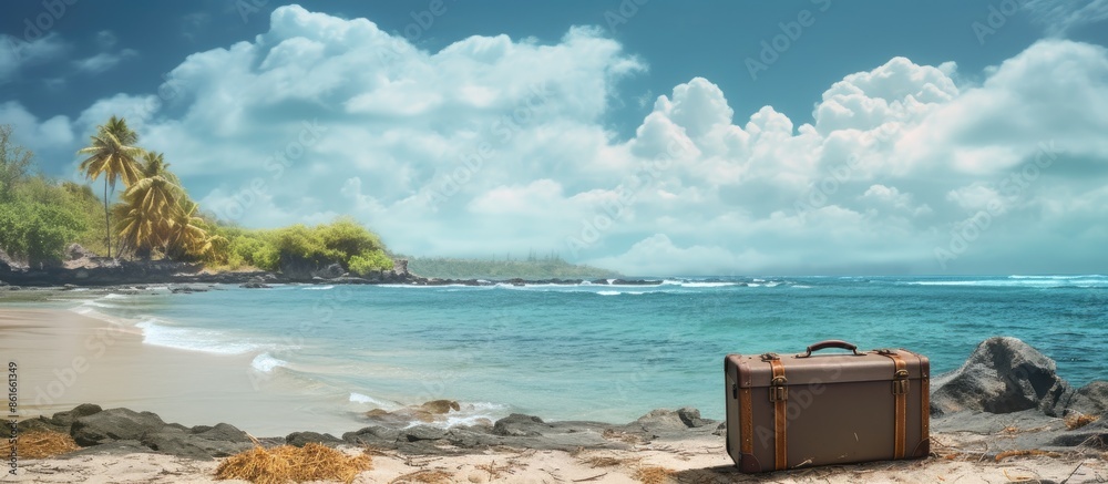 Aufkleber scenic beach vista with a suitcase on the shore in a copy space image.
