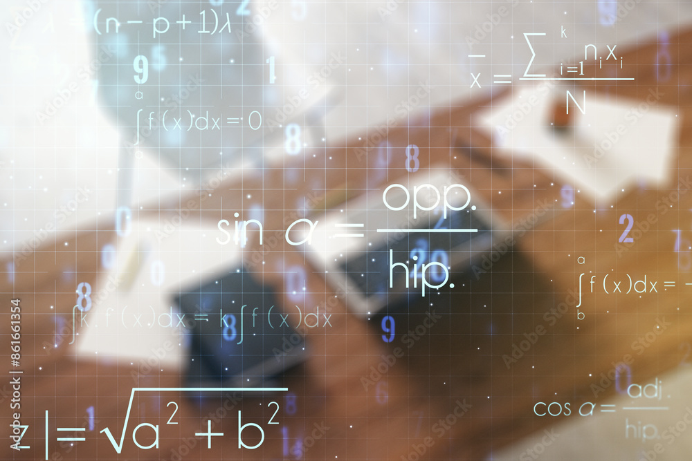 Poster creative scientific formula concept and modern desktop with computer on background. multiexposure