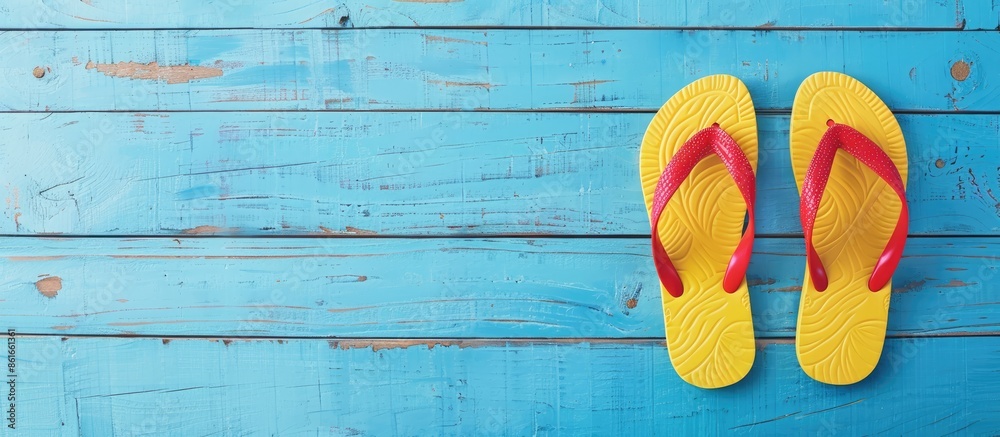 Poster red and yellow flip flops displayed on a blue wooden backdrop, isolated on a white background with s