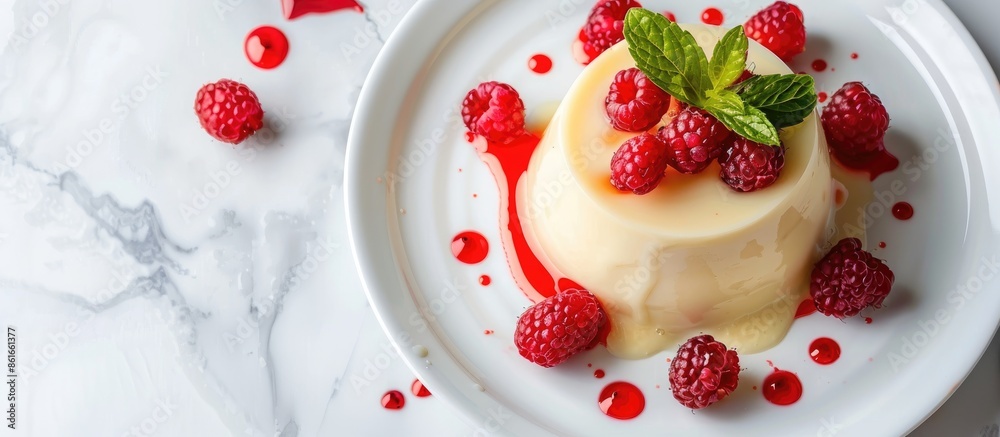 Poster top view of a delectable condensed milk pudding on a white plate with available copy space image.