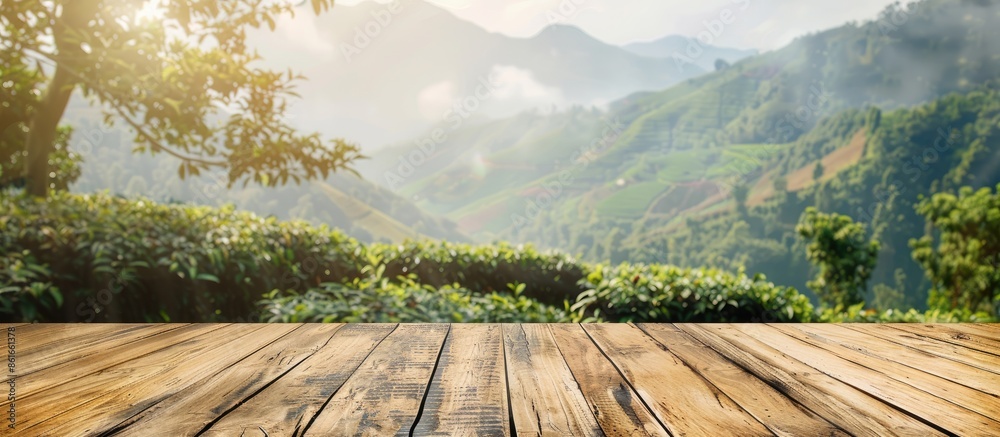 Aufkleber Wooden surface showcasing a scenic mountain view or a tea plantation backdrop with blurred effect, offering a blank area for your text in the image. with copy space image