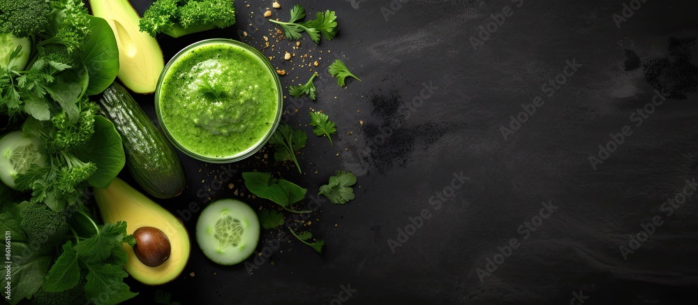 Poster a glass of nutritious green smoothie featuring cucumbers, spinach, avocado, and celery arranged on a