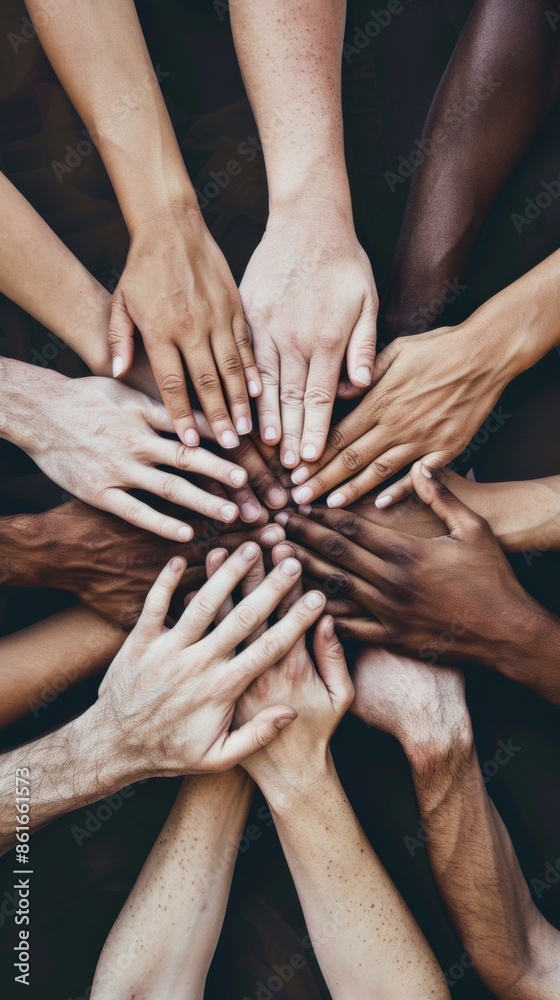 Poster symmetrical geometric pattern of diverse hands in aerial view, pastel tones with intricate textures