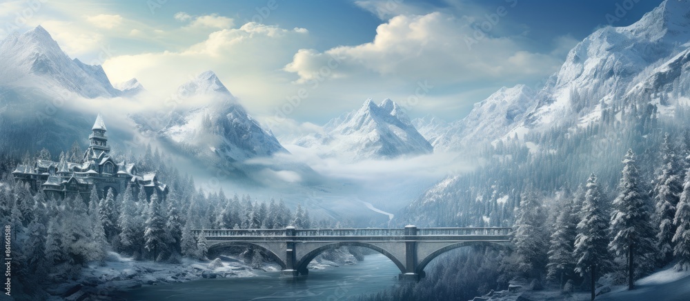 Aufkleber scenic winter landscape with a bridge over a road featuring homes and evergreen trees against a snow