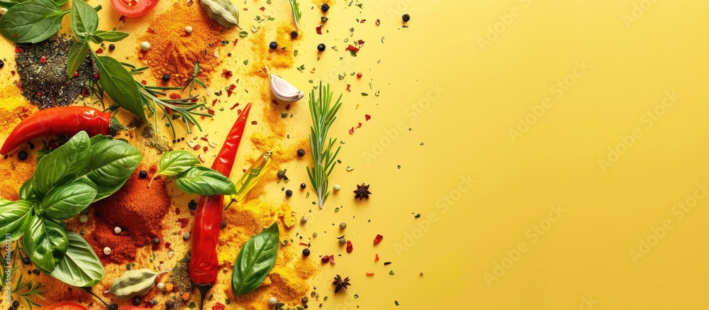 Leinwandbilder fresh spices and herbs isolated on pastel background. with copy space image. place for adding text o