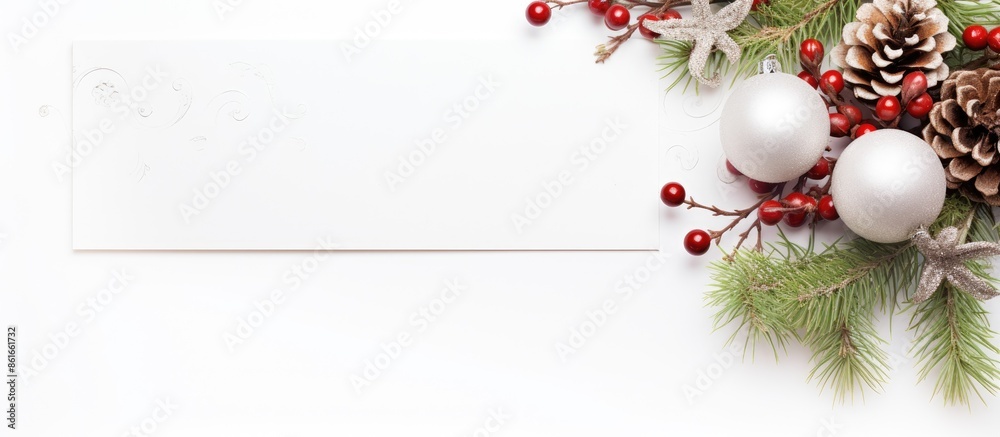 Leinwandbilder Christmas-themed arrangement with a blank card on a white backdrop, ideal for adding text or images in the empty space image. with copy space image. Place for adding text or design