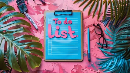 Pink Background To Do List With Tropical Leaves and Office Supplies