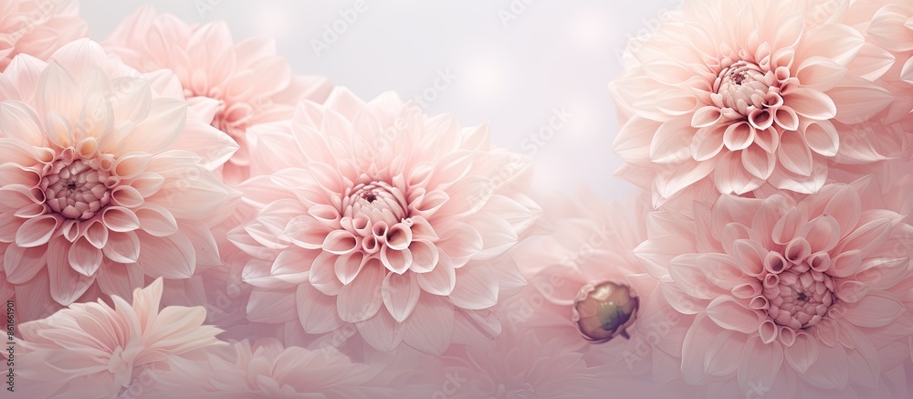 Poster soft pastel card with delicate roses and dahlias framing, creating a festive blooming background wit