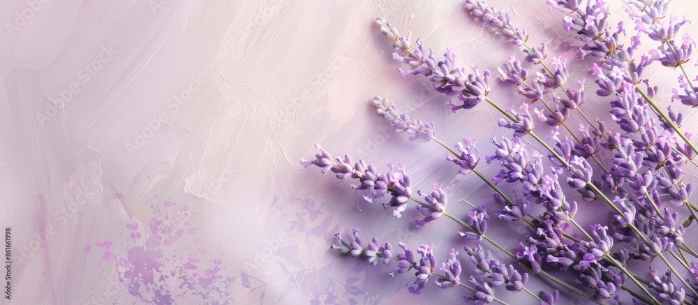 Poster Top view of lavender flowers on a soft pastel backdrop with ample copy space for customization.