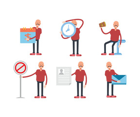 bald man characters in various poses vector illustration