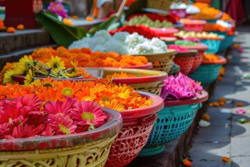 A bunch of baskets filled with various colorful flowers, ideal for decorations or gift-giving