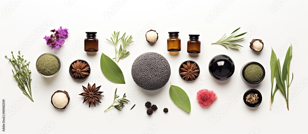 Poster a wellness salon setup with herbal massage balls displayed on a white background from a top view, of