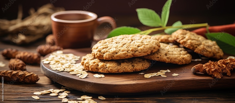 Leinwandbilder Oat cookies displayed on a rustic wooden table with a blank space for adding an image. with copy space image. Place for adding text or design