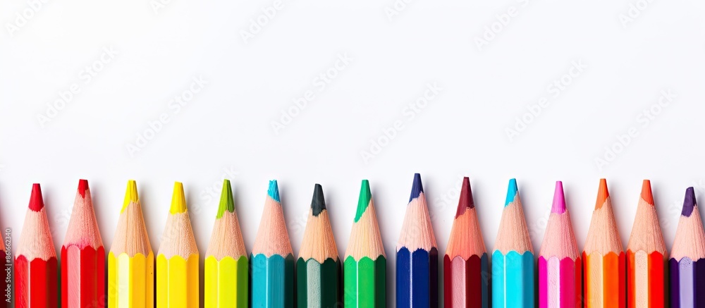 Poster colored pencils on a white background with copy space image.