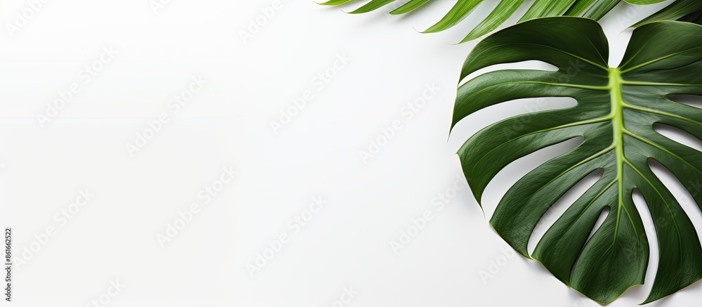 Poster monstera leaf on a white backdrop with copy space image.