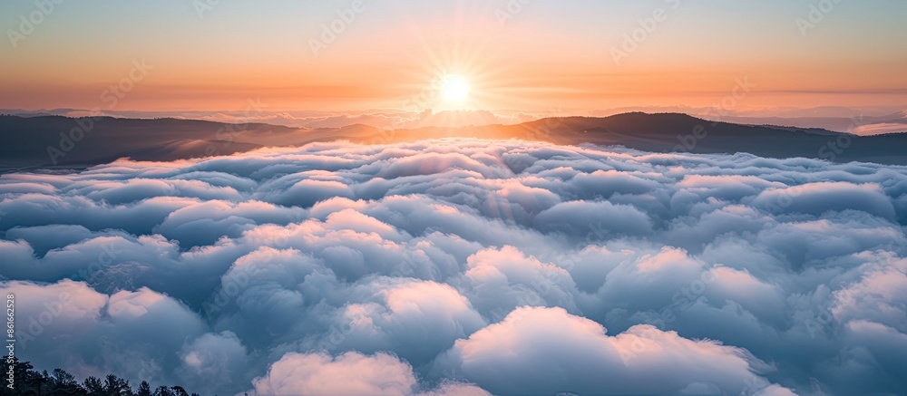 Poster early morning presents a captivating sea of clouds with copy space image.