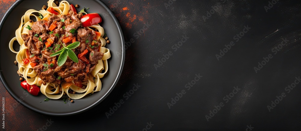 Poster Top view of a black bowl filled with fettuccine pasta and beef ragout sauce on a grey background with ample copy space image.