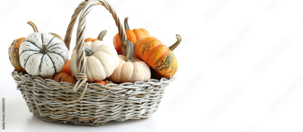 Leinwandbilder autumn-themed image featuring a basket of assorted pumpkins with a blank space for text or graphics.