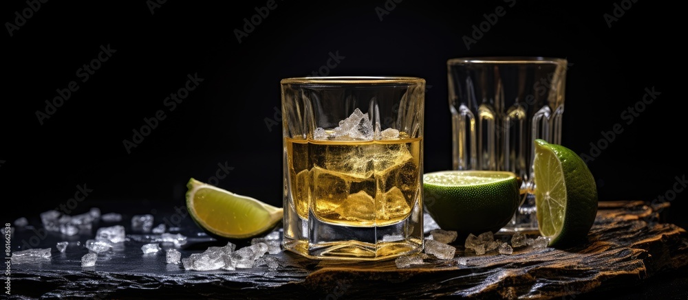 Poster a mexican gold tequila shot with lime and salt placed on a black stone table with a focused backgrou