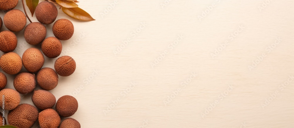 Aufkleber top-down view of fresh salak fruits on a beige backdrop with space for text, set up to capture an im