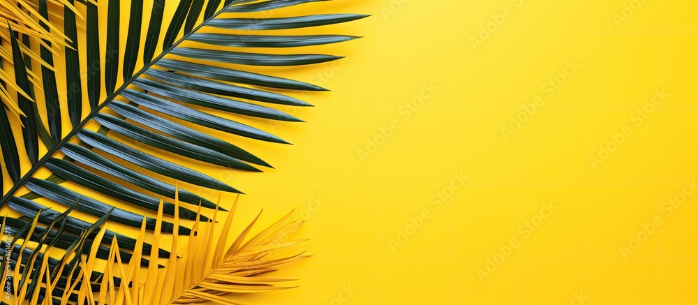 Aufkleber Top view of tropical palm leaves on a sunny yellow backdrop creating a summery vibe with a flat lay style and ample copy space image.